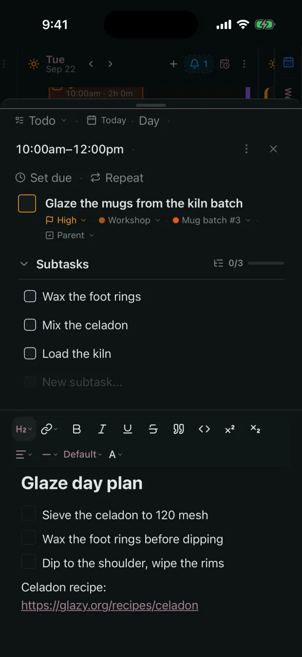 A task opened in its detail sheet on a phone