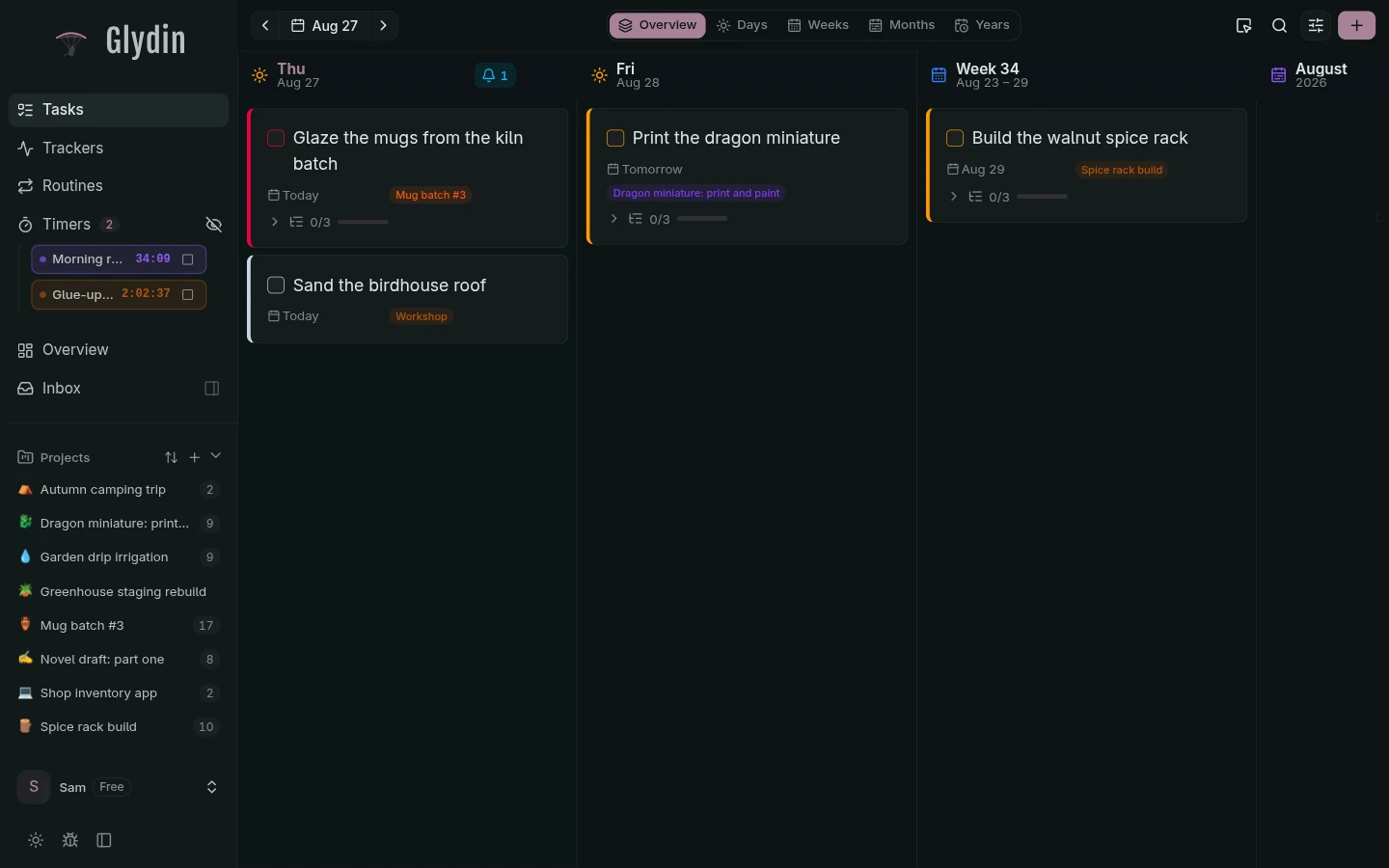 Tasks overview with day, week, month, and year columns side by side