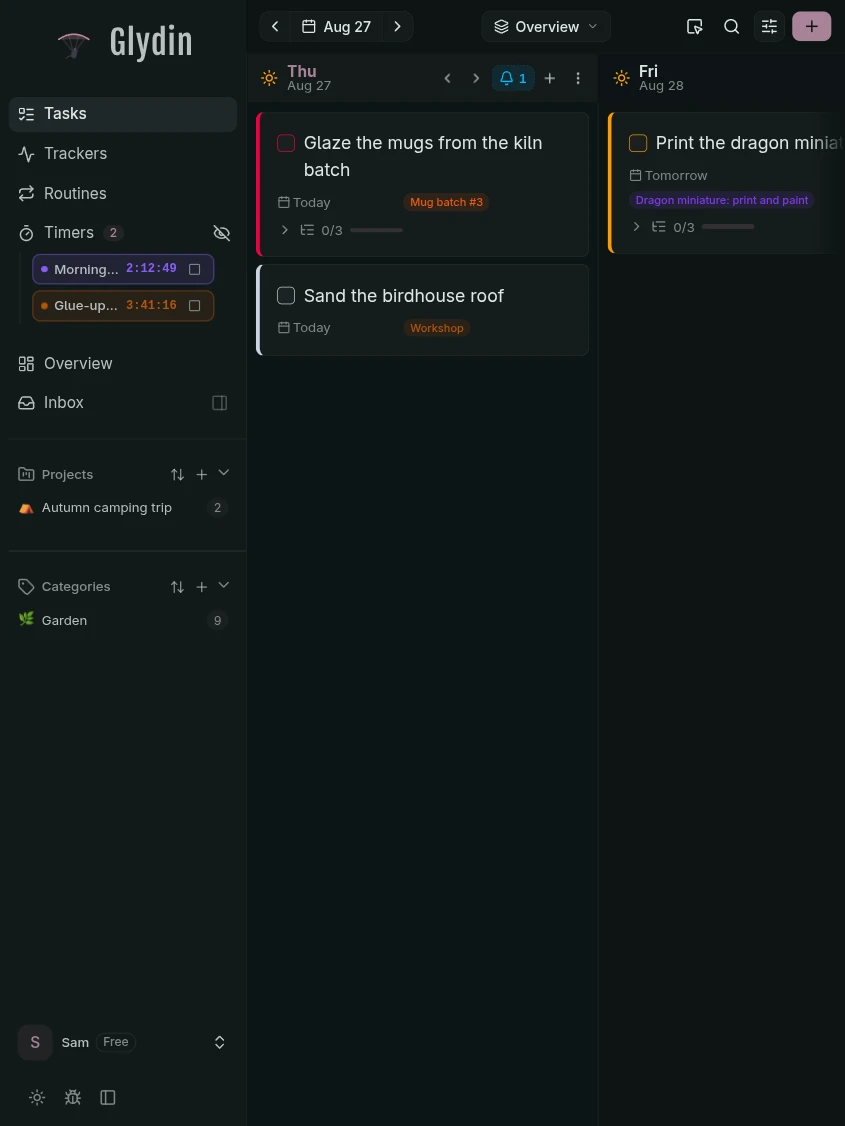 The same tasks overview on a tablet