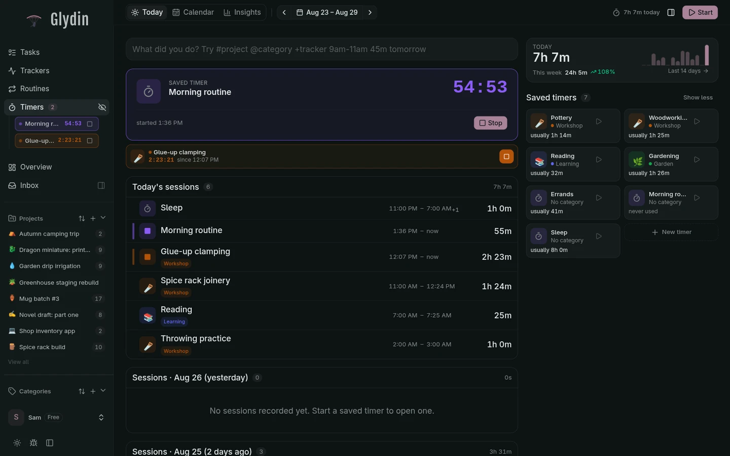 Glydin saved timers with sessions running on desktop