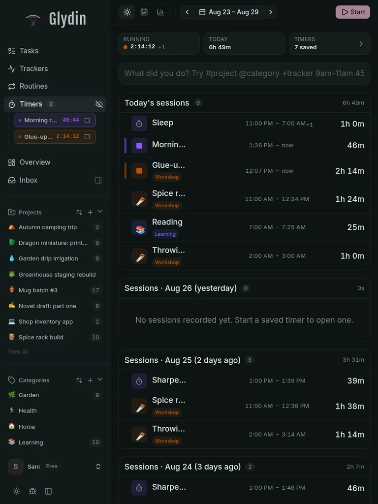 Glydin saved timers on a tablet