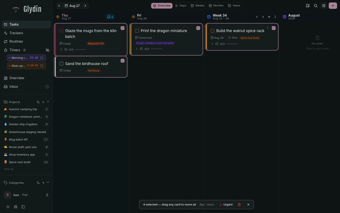 Several tasks selected on the board on desktop