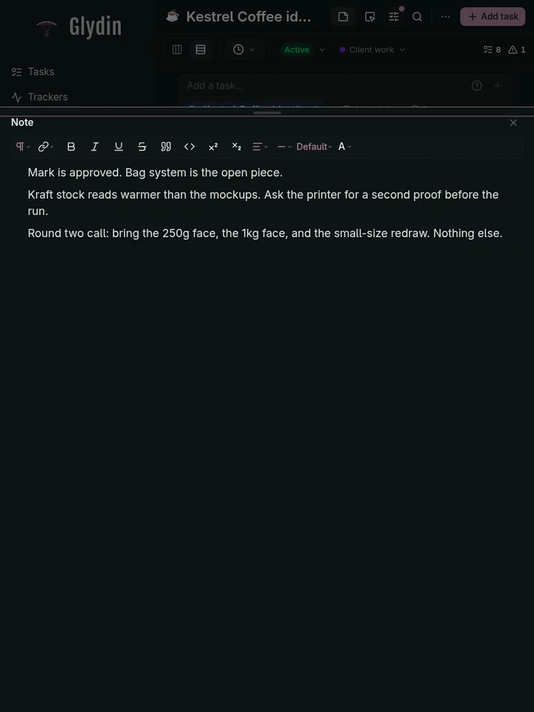 Glydin notes on a tablet