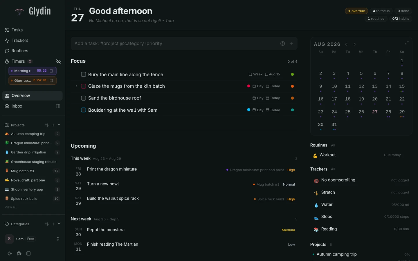 The Glydin overview screen on desktop