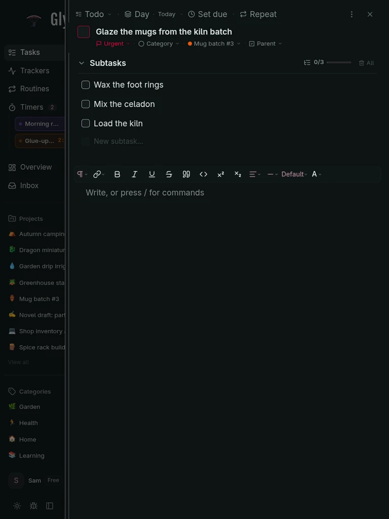 A task opened in its detail panel on a tablet