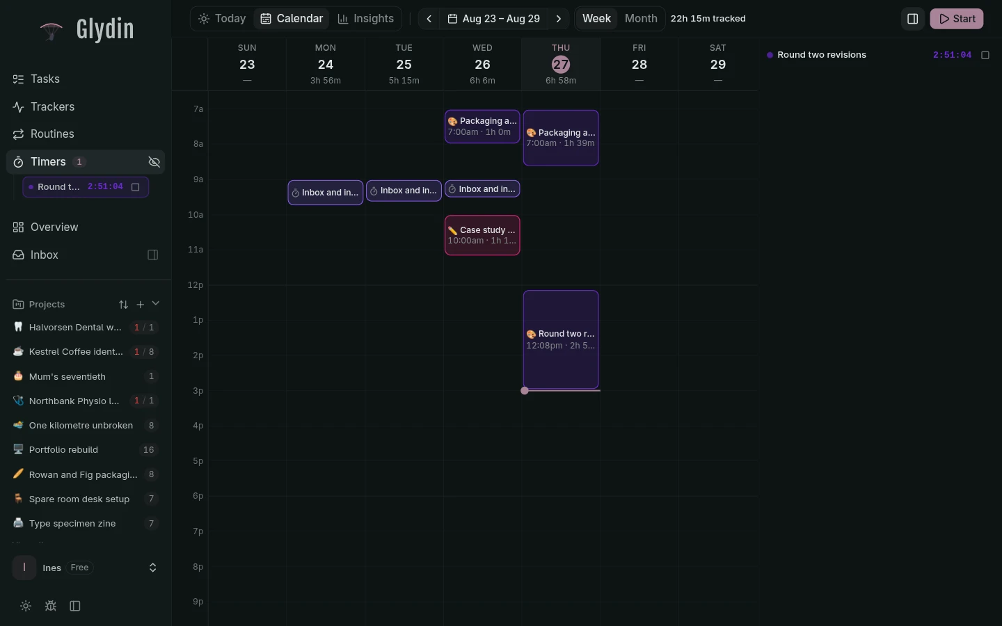 Weekly calendar timeline with tracked sessions across the week
