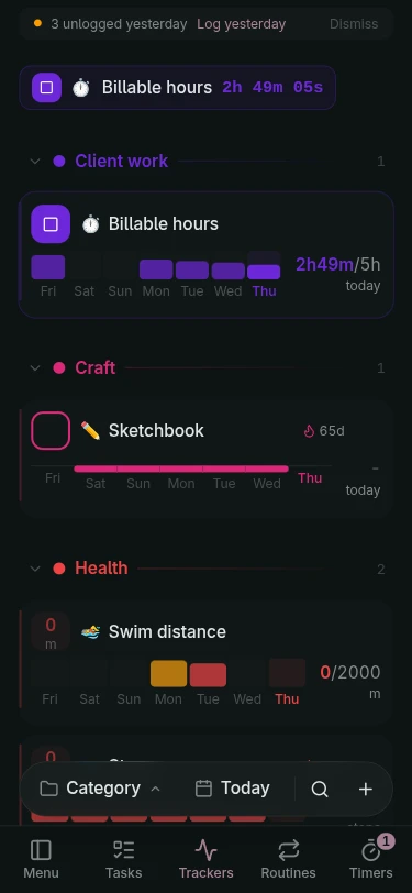 Glydin trackers on a phone with the bottom tab bar